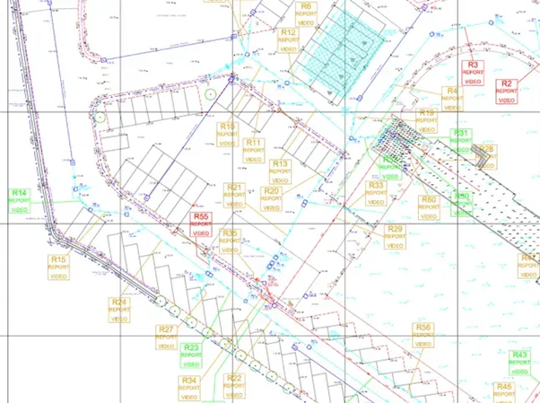 Detailed site mapping drawing showing buried infrastructure data from an underground utility survey before excavation work.