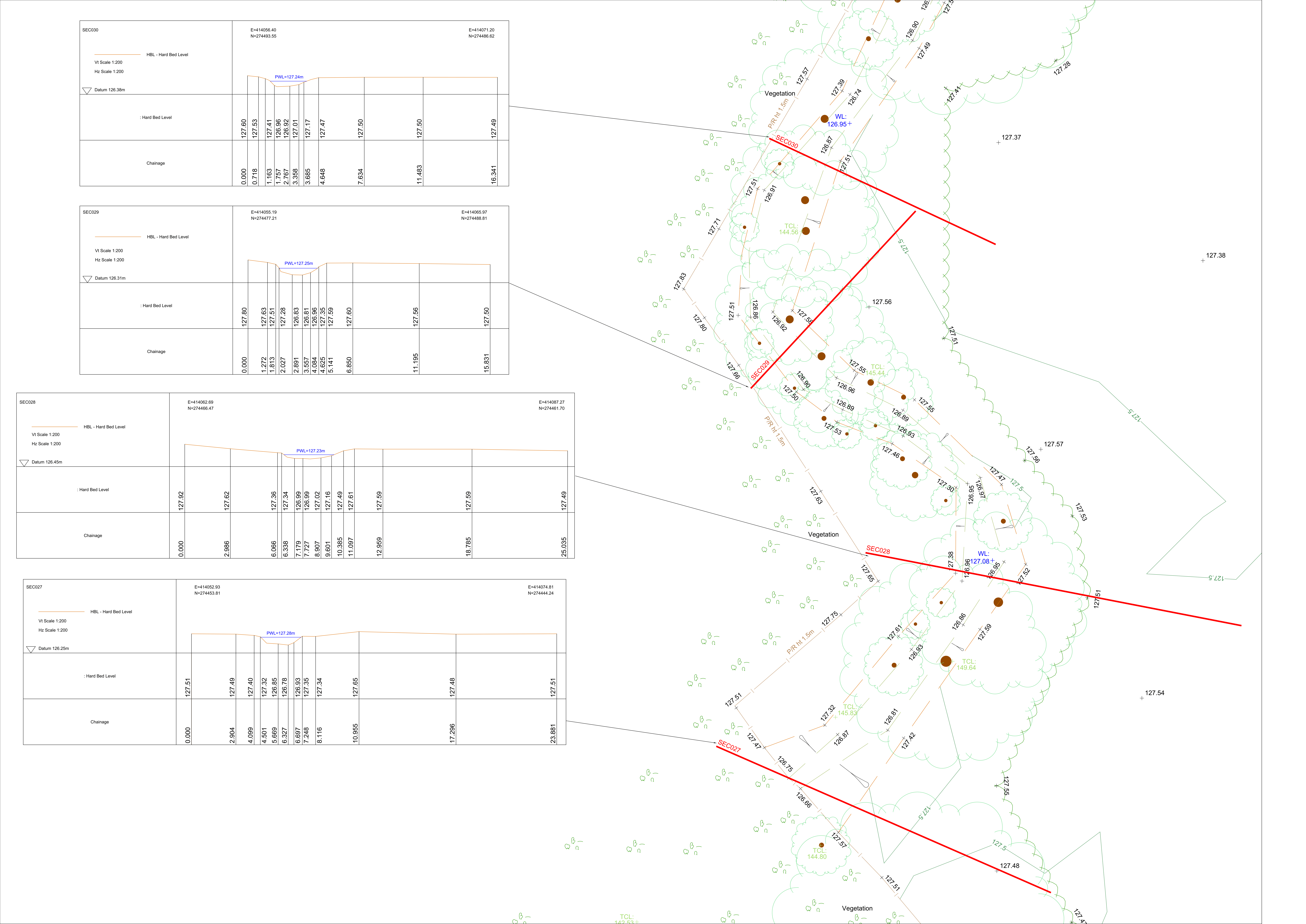 Detailed cross section surveying drawings and topographic map showing ground levels, hard bed levels, and water levels across multiple survey sections for an infrastructure.