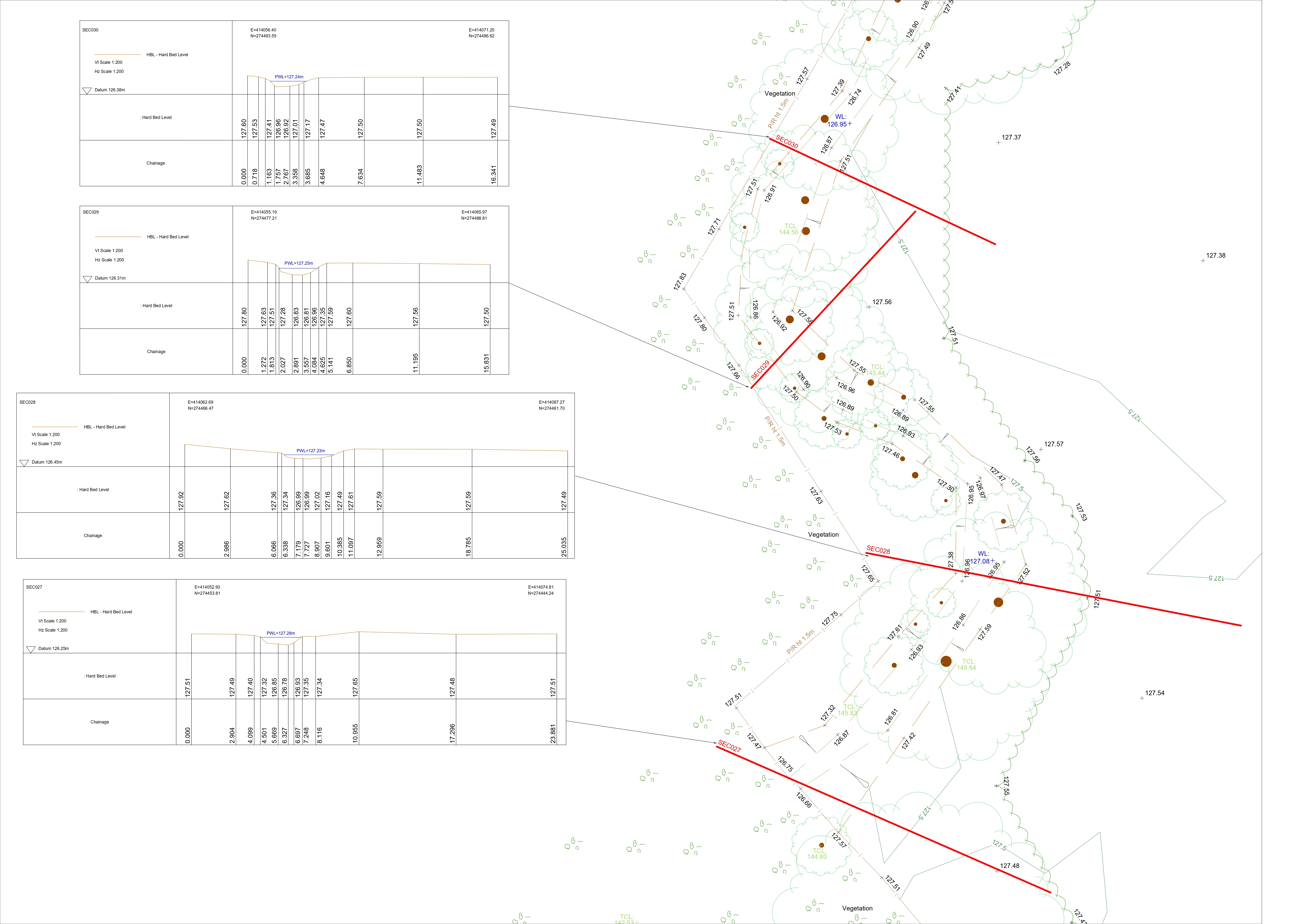 Detailed cross section survey drawings and topographic plan with ground level data and section lines produced by a mobile mapping survey.
